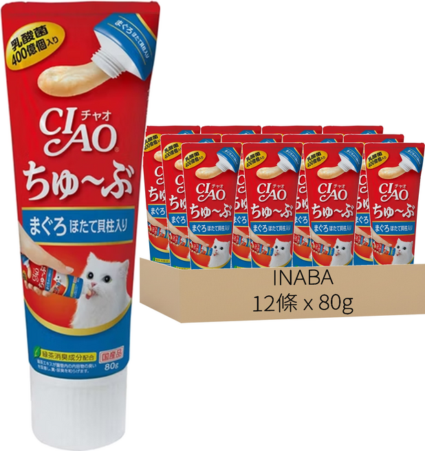 INABA CIAO 啾嚕 乳酸菌肉泥膏, 鮪魚 + 干貝, 80g, 12條