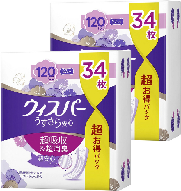 whisper 好自在 日本原裝進口 消臭超吸收成人護墊 成人尿布120cc, 27cm, 34片, 2包