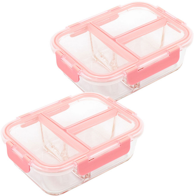 그린코리아 글라스 듀 직사각 내열유리 세칸찬통 핑크, 1040ml, 2개