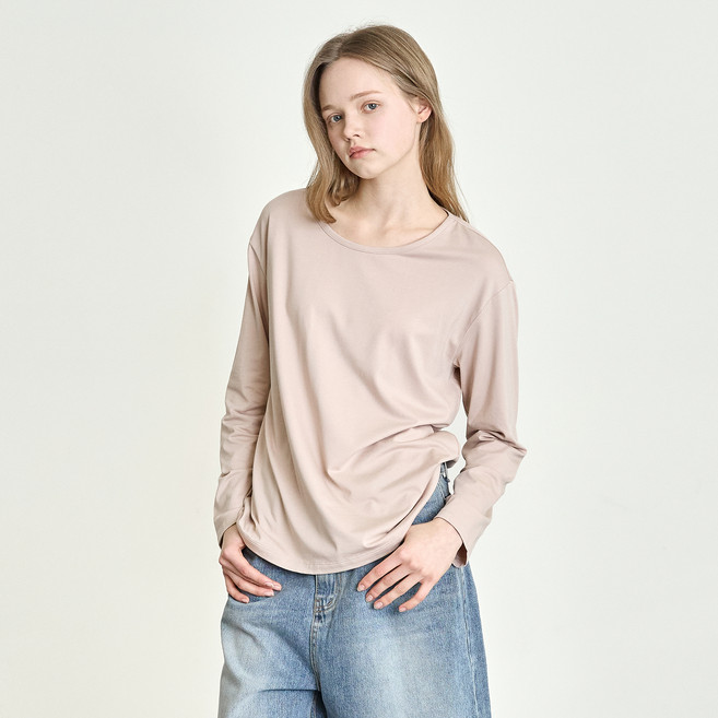 베이직하우스 여성용 찰랑 스판 유넥 오버핏 긴팔 티셔츠