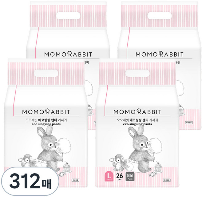 모모래빗 에코씽씽 오리지널 팬티기저귀 여아용, 대형(L), 312매