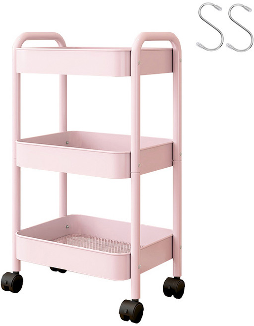 엠디유마켓 프리미엄 이동식 철제 트롤리 3단 + 스텐 S자 고리 2p 세트, 핑크