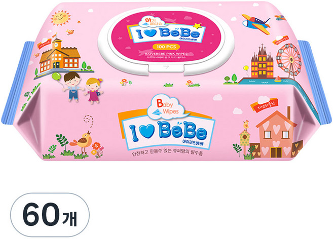 아이러브베베 핑크 물티슈 캡형, 43g, 100개입, 60개