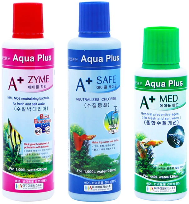 아쿠아플러스 에이플 세이프 260ml + 자임 260ml + 메드 120ml 수질 종합 세트, 1세트 - 쿠팡