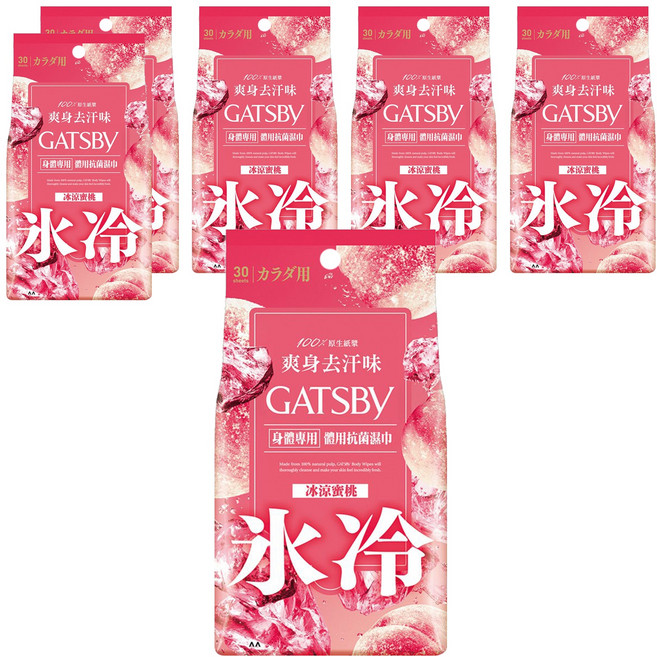 GATSBy 台灣公司貨 體用濕巾 攜帶型 冰涼蜜桃 超值包, 30張, 6包, 210g