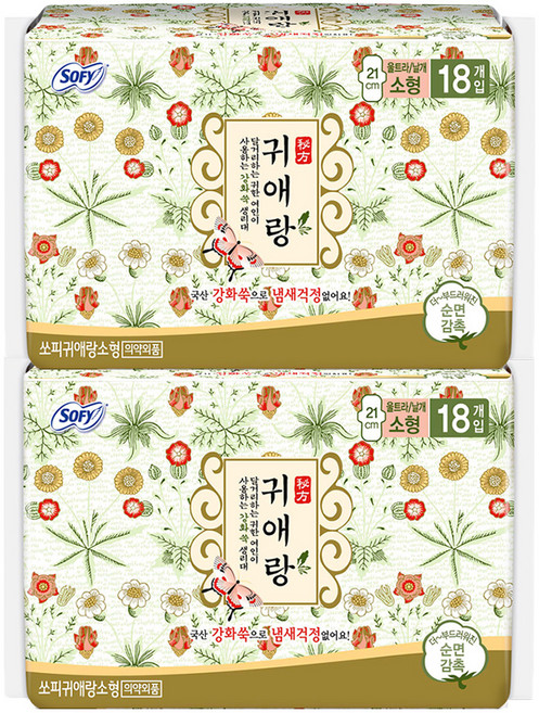귀애랑 바디피트 날개형 생리대, 소형, 18개입, 2개