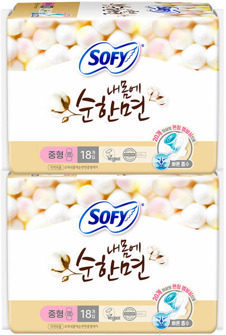 쏘피 내몸에순한면 생리대 날개형, 중형, 18개입, 2개