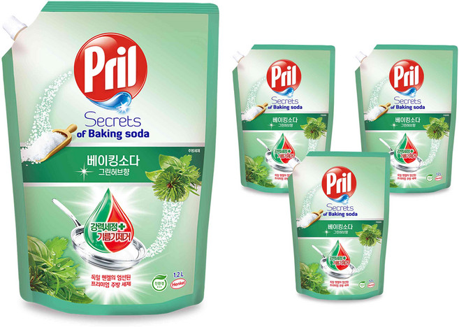 프릴 시크릿 오브 베이킹소다 주방세제 그린허브향 리필, 1.2L, 4개