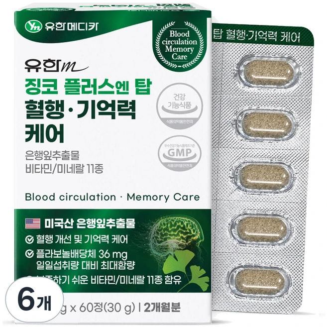 유한메디카 징코 플러스 엔 탑 혈행 기억력 케어, 60정, 6개 - 쿠팡