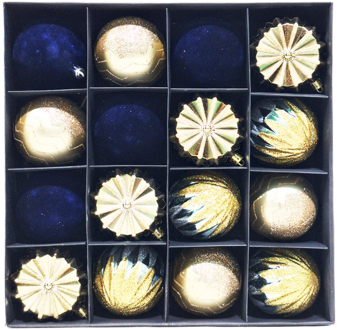 植絨古典聖誕球 16個, 金色 + 深藍色, 1組