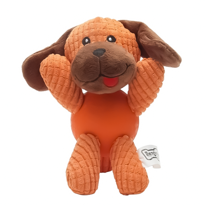 EETOYS 宜特 絨布動物 - 狗狗 優質絨布與天然橡膠球 高耐咬 肚子發聲器, 狗狗 橘色, 1個