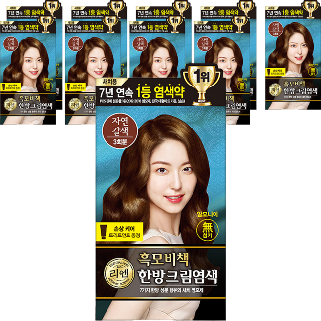 리엔 흑모비책 한방 크림 새치 염색제, 자연갈색, 10개