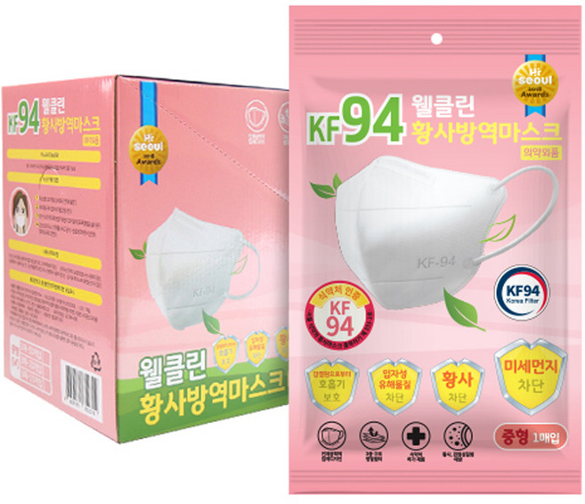 웰클린 황사 방역 마스크 중형 KF94, 50개입, 1개, 화이트