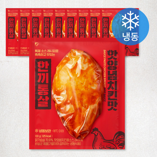 한끼통살 닭가슴살 핫양념치킨맛(냉동), 100g, 1개입, 10개