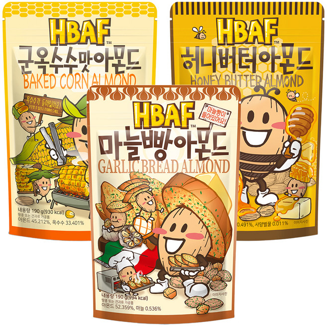 바프 허니버터 190g + 군옥수수맛 190g + 마늘빵 190g 아몬드 세트, 1세트