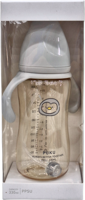 PUKU 藍色企鵝 飽飽歐蕾PPSU寬口練習奶瓶 330ml, 岩灰色, 1個