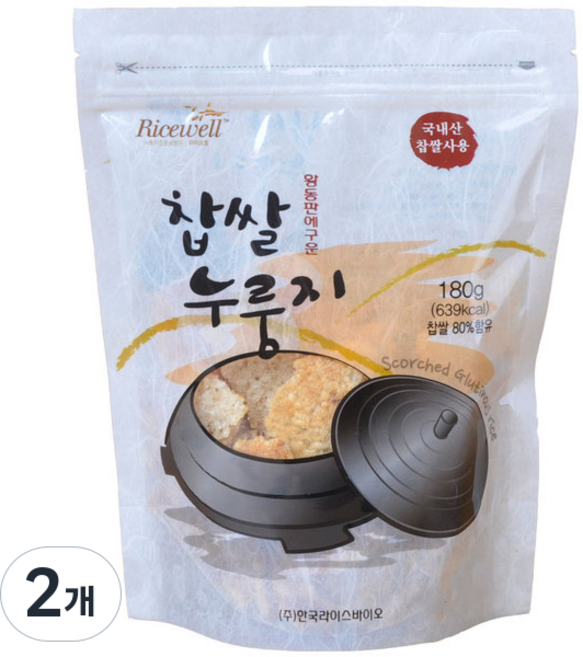 라이스웰 황동판에 구운 찹쌀 누룽지, 180g, 2개