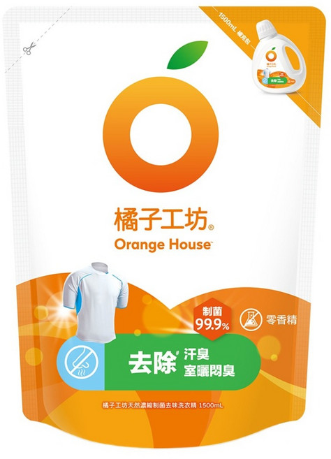 Orange House 橘子工坊 天然濃縮制菌去味洗衣精補充包, 1.5L, 1包
