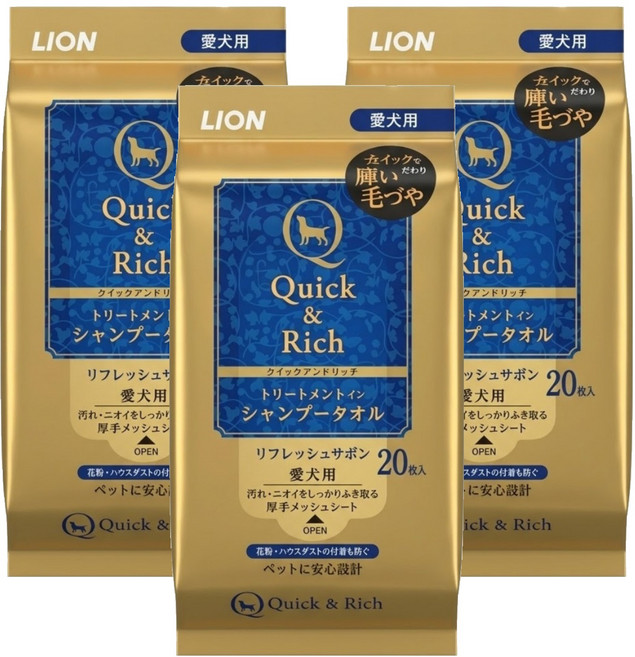 LION 獅王 Quick&Rich 免洗濕巾 犬用 LI00447 清新皂香, 20片, 3包