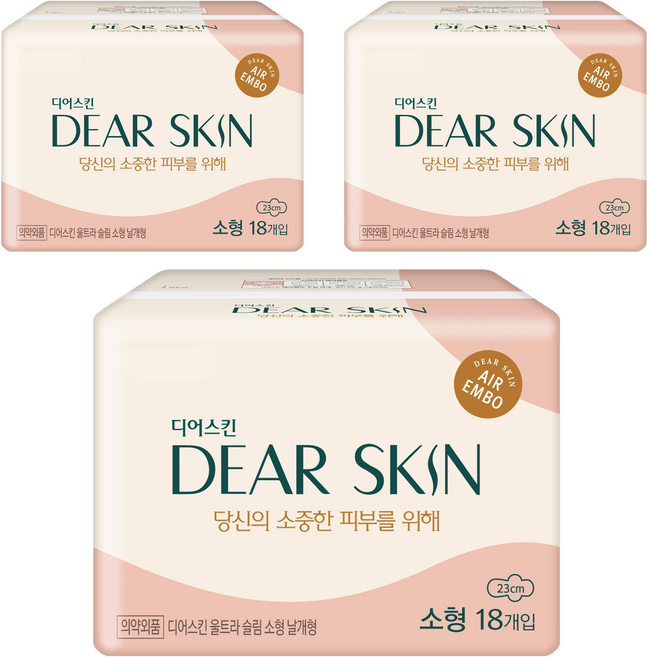 디어스킨 에어엠보 울트라 슬림 생리대 날개형, 소형, 18개입, 3개