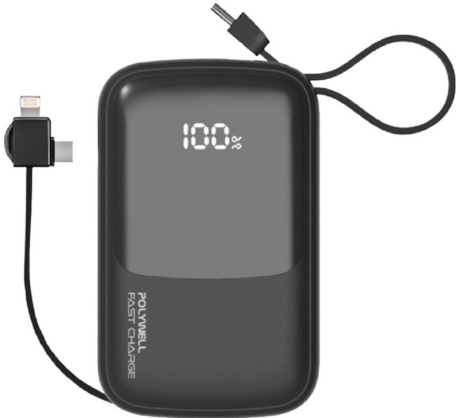 POLYWELL 寶利威爾 帶線行動電源 10000mAh, PW15-T16-A004, 黑色