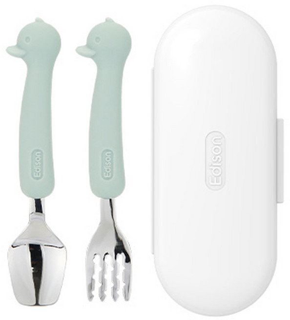 에디슨 유아 실리콘 스푼 포크 케이스 세트, 오리민트, 스푼 + 포크 + 케이스, 1세트
