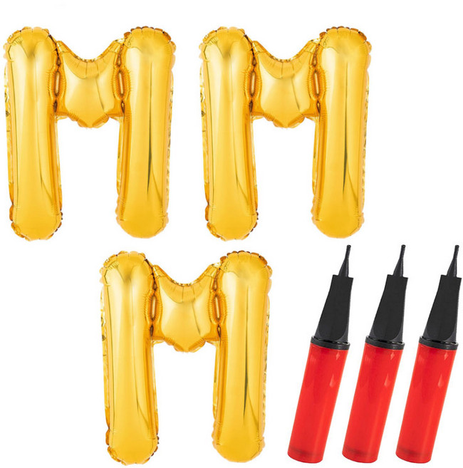 파티팡 알파벳 은박 풍선 대 M + 손펌프, 풍선(골드), 펌프(랜덤 발송), 3세트