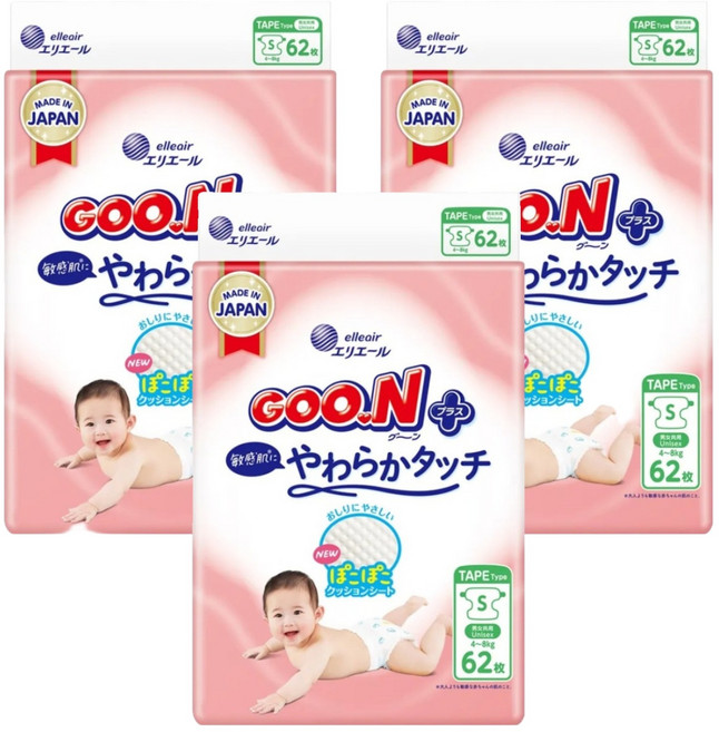 GOO.N 大王 日本境內版 SJ柔觸肌系列 黏貼型尿布, 186片, S