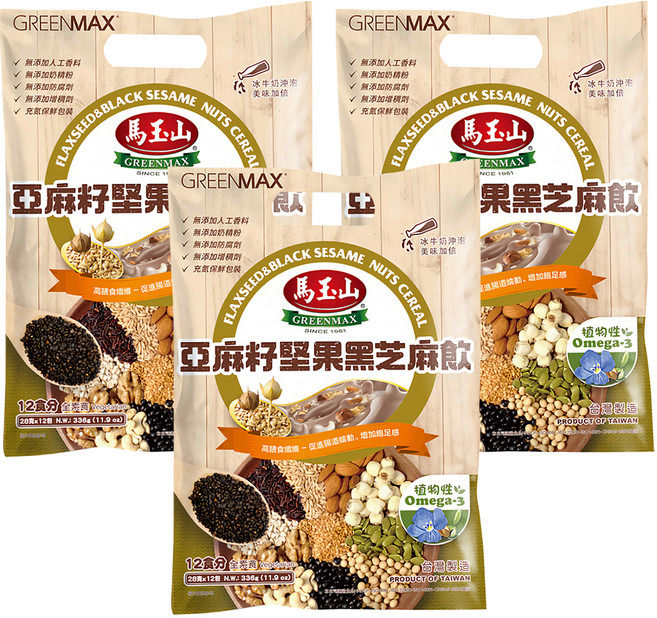 馬玉山 亞麻籽堅果黑芝麻飲, 28g, 12包, 3袋