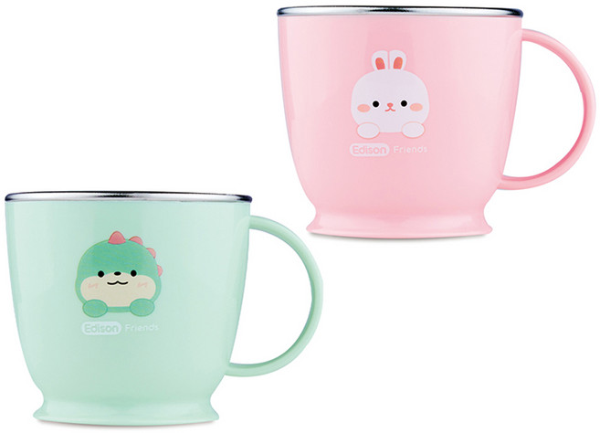 에디슨 프렌즈 논슬립 스텐 유아동 한손컵 2p 세트, 공룡 + 흰토끼, 1세트, 240ml