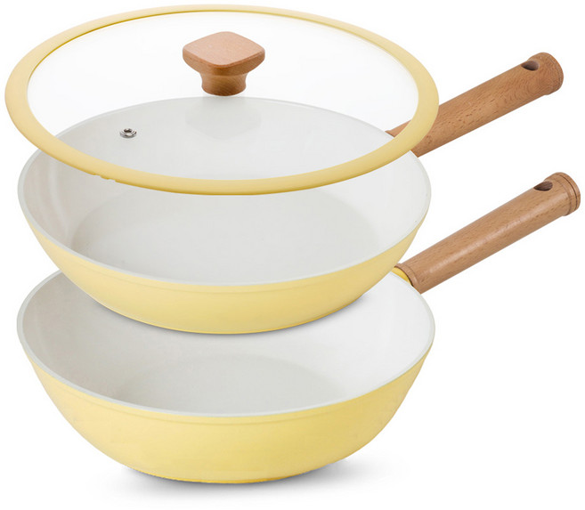 시샘 인덕션 크림 세라믹 쿡웨어 3종 세트, 옐로우 크림, 후라이팬 28cm + 웍팬 28cm + 유리뚜껑, 1세트