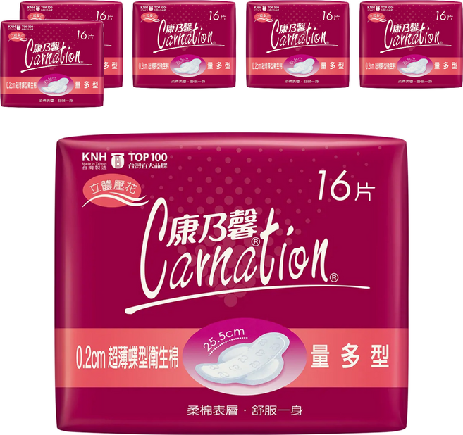 康乃馨 超薄蝶型衛生棉 護翼型, 量多型(25.5cm), 16片, 6包