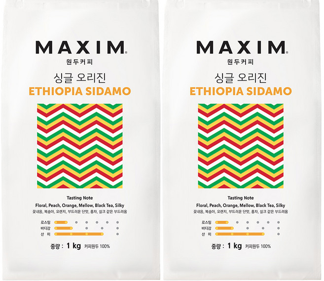 맥심 원두커피 싱글 오리진 에티오피아 시다모, 1kg, 2개, 홀빈(분쇄안함)