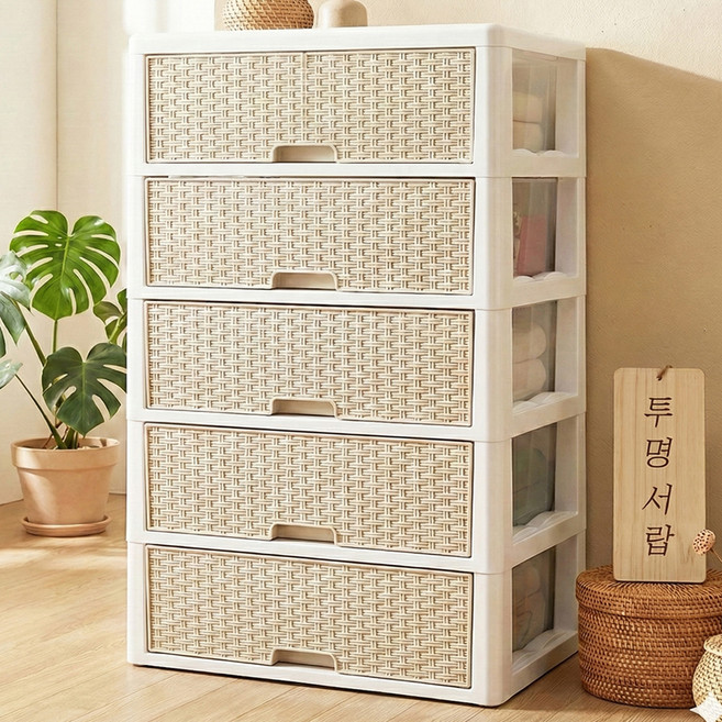 라탄 양면 수납장, 화이트베이지, 5단