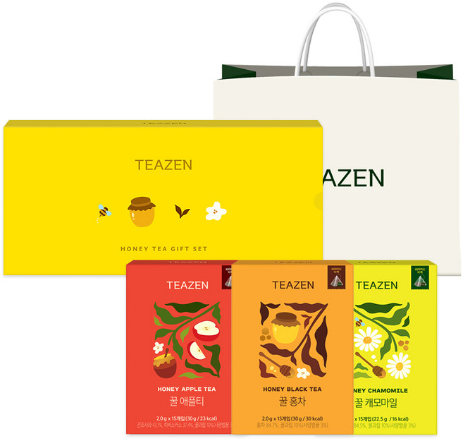 TEAZEN 茶禪 蜂蜜茶三角茶包3種禮盒組 + 提袋, 1套, 紅茶 30g + 蘋果茶 30g + 洋甘菊 22.5g