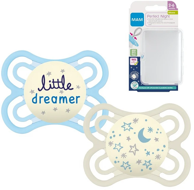 맘베이비 퍼펙트나이트 실리콘 쪽쪽이 2p+간편세척 케이스 블루 아이보리, 2-6개월, 1세트 - 쿠팡