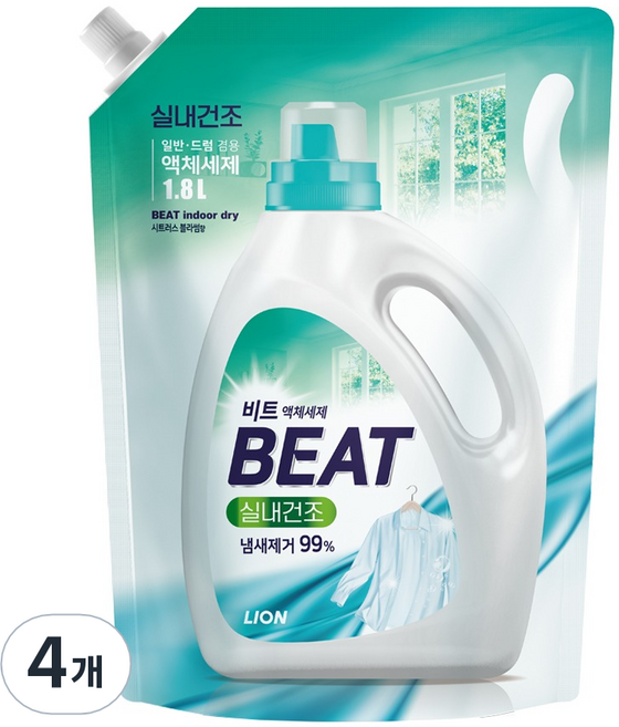 Beat 室內晾乾液體洗衣精補充包 柑橘花香, 4個, 1.8L