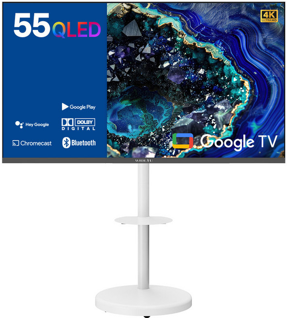 익스프레스럭 와이드뷰 4K UHD QLED 구글 스마트 TV + 이동식 화이트 스탠드, 139cm(55인치), EKW551QA, 스탠드형, 방문설치