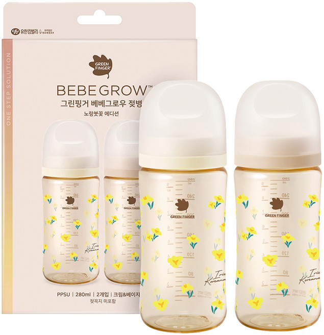 베베그로우 PPSU 노꼭지 젖병 트윈팩, 노랑붓꽃, 280ml, 1세트