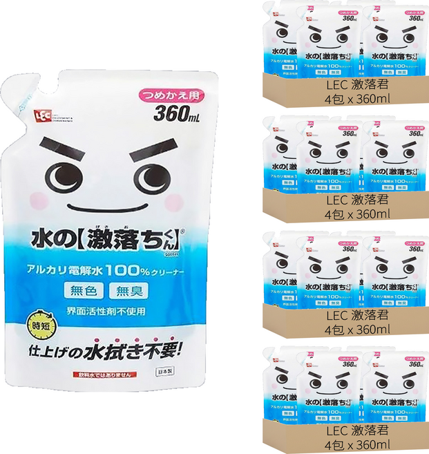 日本 LEC 激落君 電解水清潔劑 補充包 360ml 家用 無色 無臭, 16包