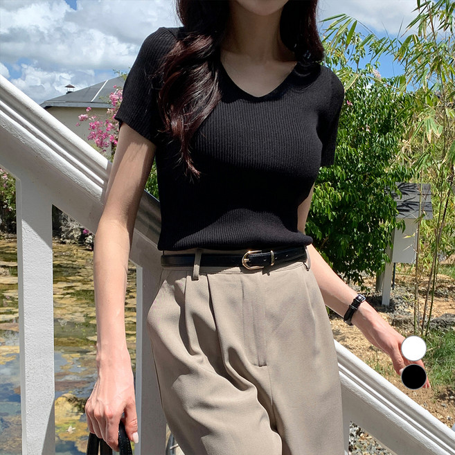 아피나르 여성용 브이넥 반팔 데일리 골지 니트