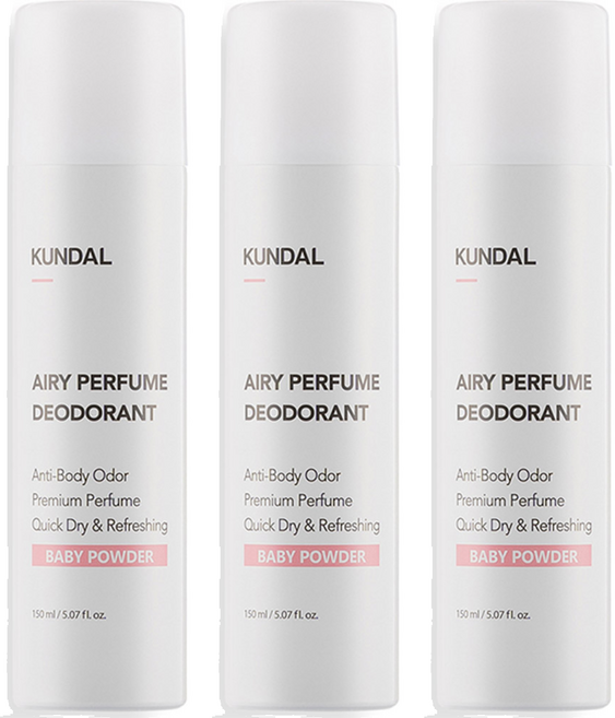 쿤달 에어리 퍼퓸 데오드란트 스프레이 베이비파우더향, 150ml, 3개