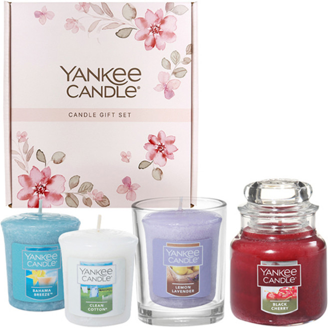 YANKee CANDLe 小罐蠟燭 + 許願蠟燭3入 暢銷香氛A禮盒組 + 提袋, 黑櫻桃, 檸檬薰衣草, 潔淨棉, 巴哈馬微風, 混合顏色