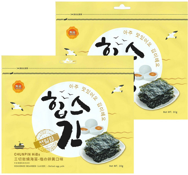 chun pin 雋品 HiBs 三切岩燒海苔 塩の卵黃口味, 30g, 2包