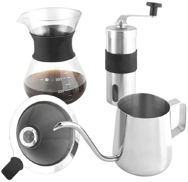 FUJI-GRACE 富士雅麗 304不鏽鋼手沖壺咖啡, 手搖磨豆機 + 不鏽鋼手沖壺 + 玻璃分享壺 + 不鏽鋼濾網, 350ml, 1組