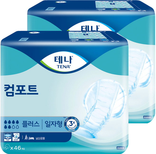 테나 남녀공용 컴포트 플러스 패드형 성인기저귀, 46개입, 2개