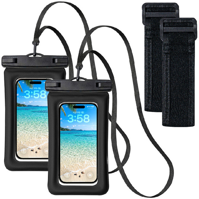 구스페리 프리미엄 4중잠금 튜브 휴대폰 방수팩 + 목스트랩 + 암밴드 세트, 블랙, 2세트