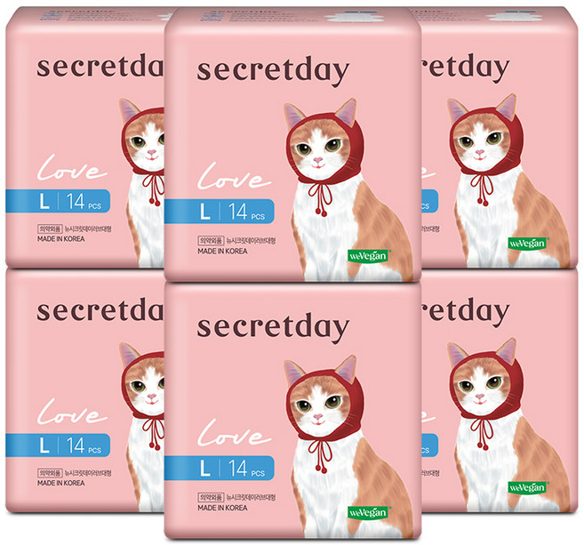 시크릿데이 러브 생리대 날개형, 대형, 14개입, 6개
