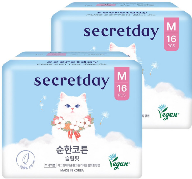 시크릿데이 순한코튼 슬림핏 생리대 날개형, 중형, 16개입, 2개