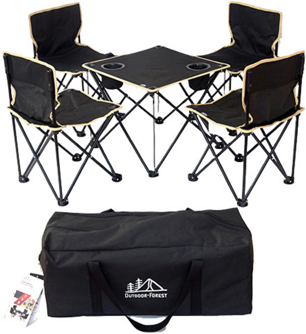 아웃도어포레스트 접이식 캠핑 의자 4개+ 테이블 1개 4인용 세트, 블랙
